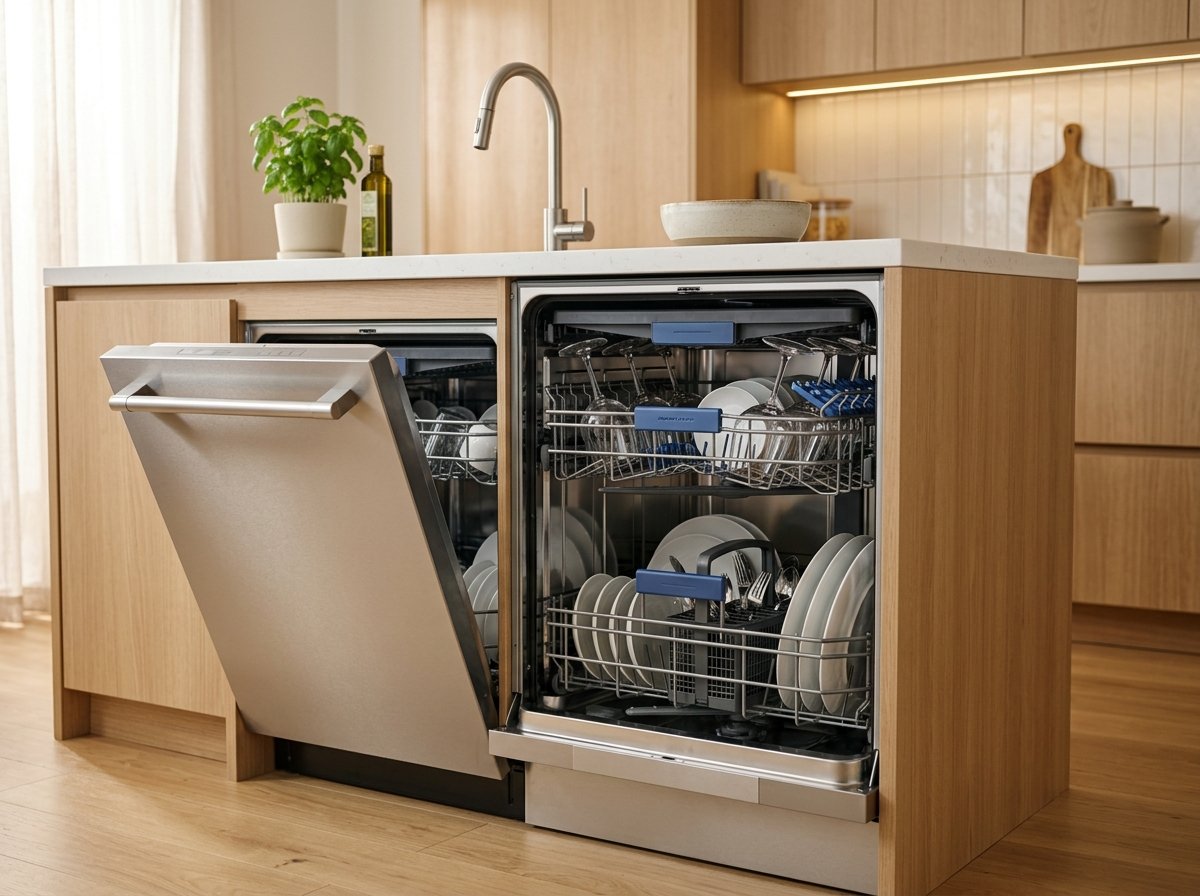 Elica built-in stainless steel dishwasher installed under kitchen counter with open rack and cutlery basket