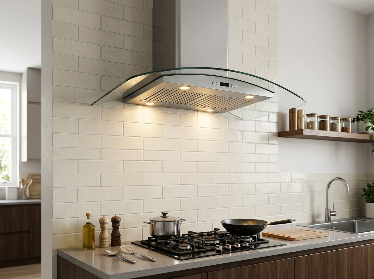Elica curved glass kitchen chimney with stainless steel baffle filter louvers