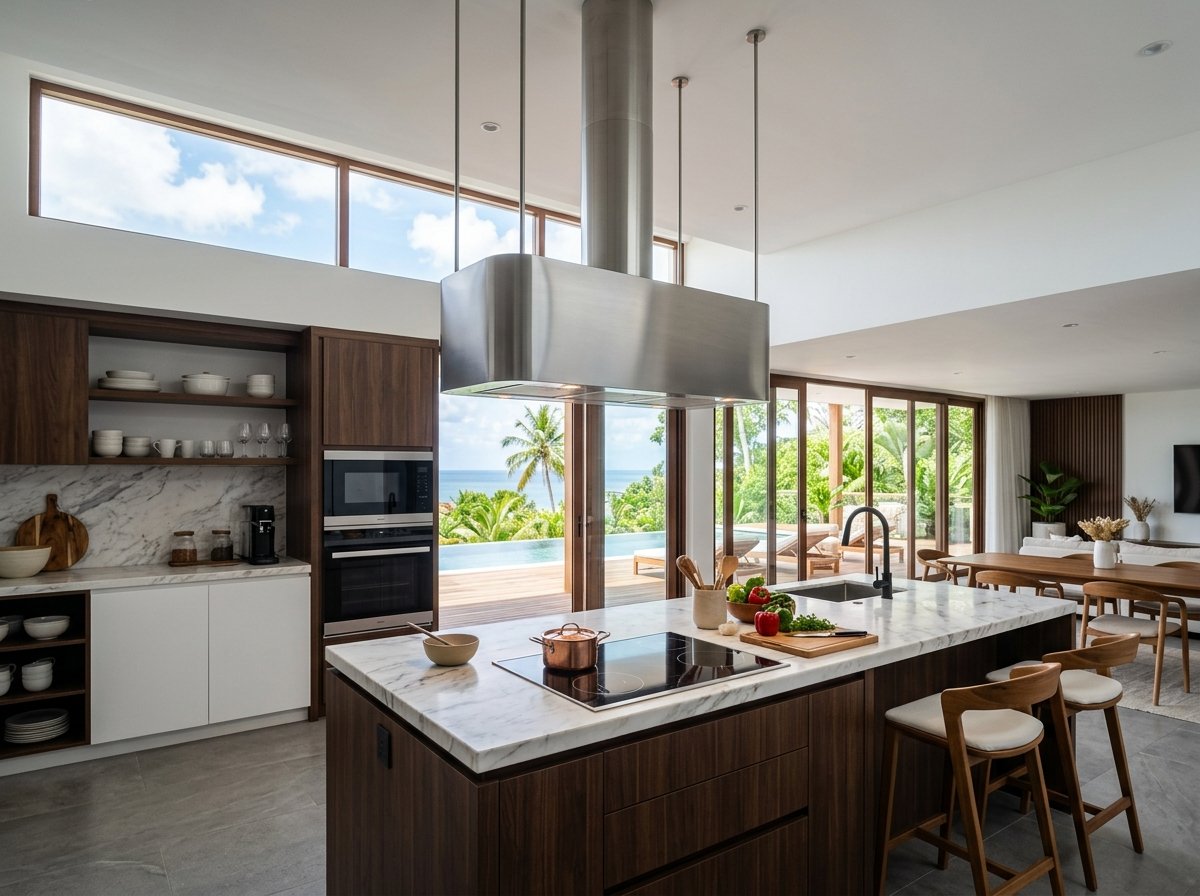 Elica island kitchen chimney suspended from ceiling over central modular cooking counter
